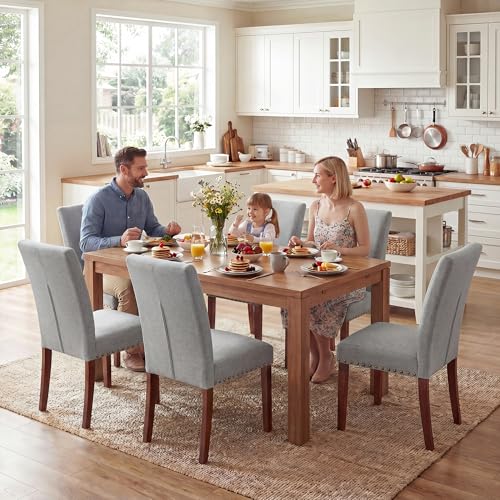 Image of Farmhouse Dining Chairs Set of 4, High Back with Wooden Legs and Nailhead Trim, Modern Fabric Dining Room Chair for Kitchen /Restaurant