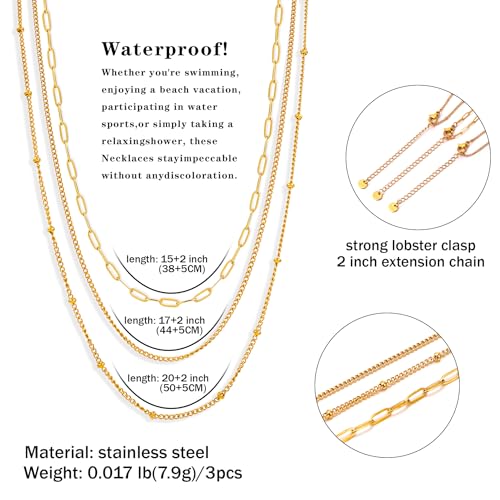 CONRAN KREMIX Waterproof Gold Necklace Layered Necklaces for Women Non Tarnish,18k Gold Plated Stainless Steel Dainty Stack Thin Chain Necklace Set for Women Gifts Jewelry