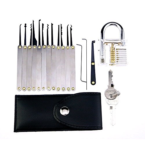 Preisvergleich Produktbild 16-teiliges Einsteiger Dietrich Set mit transparentem Übungsschloss, Schlossknacken Schlüssel Extractor Werkzeug with Transparente Übungs-Gebrochene Key Vorhängeschlösser Dietrich Set