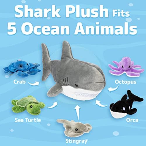 Prextex 15-Inch Cute Shark Plushies w/ 5 Soft Plush Shark Friends Including Stuffed Turtle, Whale, Octopus, Stingray, & Crab in Zippered Stuffed Shark Plush Toy, Large Stuffed Sea Animals for Kids