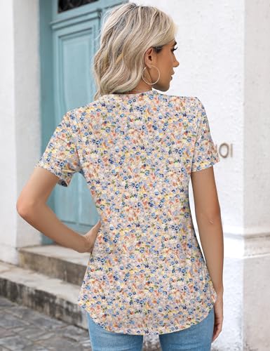 Rapbin Womens Casual Short Sleeve T-Shirts Crew Neck Pleated Tops Fashion Dressy Tunic Blouses,Pink Floral,L - Image 6