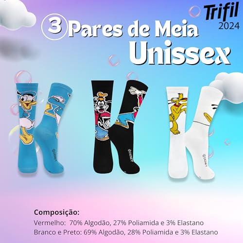 Kit 03 Pares Meia Infantil Trifil Cano Médio Desenho Animado Algodão Unissex | 1 Azul Piscina - 1 Br