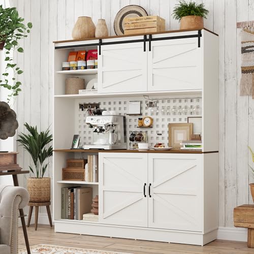 75” Kitchen Pantry Storage Cabinet, Farmhouse Kitchen Hutch Cabinet with Power Outlet, Large Coffee Bar Cupboard with Microwave Shelf & Wine Rack, 4 Doors & 2 Drawers, Dining Room, White - Thumbnail 3