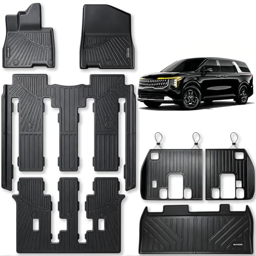 Floor Mats for 2022 2023 2024 2025 2026 KIA Carnival 8 Seats (Non Hybrid) with Trunk Mat & Backrest Mat TPE All Weather Protection Car Floor Liners with Cargo Liners Covering The Backrest