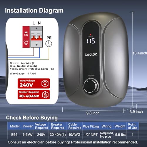 LECLOC Mini Instant Hot Water Heater 6.5kW 240V Hard-wired, Sleek Design, LED Temp. Display, Big Knob Control, 86-131℉ On Demand Electric Tankless Water Heater for Kitchen or Bathroom, 1 Point of Use - Thumbnail 2