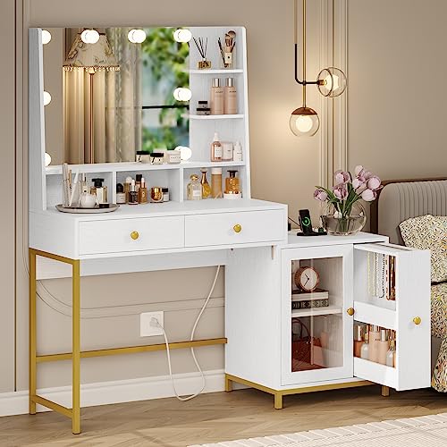 VIAGDO Vanity Desk with Mirror and Lights in 3 Colors, Makeup Vanity with Lights, Vanity Table with Charging Station, White Makeup Desk with Nightstand, Storage Cabinet, Drawer Dividers and Hooks