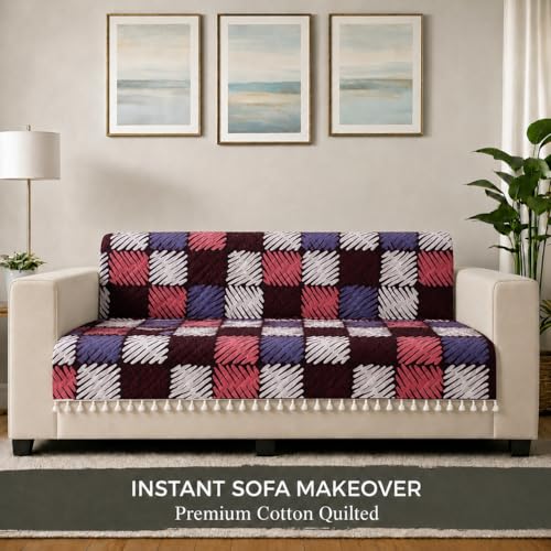 Image of STITCHNEST 'Frostvine Collection' 2 Seater Sofa Cover - Full Coverage| Cotton Quilted Fabric, Decorative Tassels, Washable & Durable for Modern Living