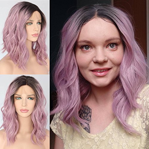 SAPPHIREWIGS Short Dark Ombre Pink Purple Curly Water Wave Fashion Blogger Daily Makeup Synthetic Lace Front Party Wig