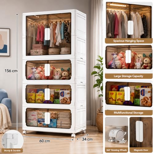 Image of YASONIC Plastic Wardrobe for Kids, Baby Cupboard for Storage, 12 Cubes Almirah, Cupboard for Clothes, Collapsible Wardrobe for Metal Utility Storage Cart with Wheels (WHITE-SJM01060-3)
