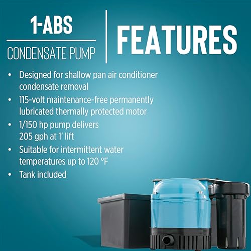 Image of Little Giant 1-ABS 115-volt, 1 /150 HP, 205 GPH Automatic Shallow Pan Condensate Removal Pump for Ceiling Mounted Air Conditioners or Dehumidifiers, with Condensate Collection Tank, Black /Blue, 550522