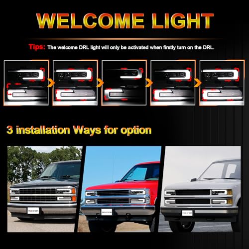 LED Headlight Assembly 500% Bright Anti-glare Headlights with Welcome DRL Turn Signal Compatible with 1988-1998 Chevy GMC C/K 1500 2500 3500 Suburban Silverado Tahoe Yukon