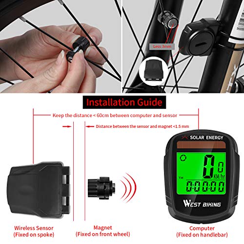 Bicycle Pedometer Odometer Solar Power Speedometer, Bike Wireless Waterproof Cycling Computer, Biking Accessories with LCD Display Auto Wake-up Motion Sensor & Multi-Functions - Thumbnail 7