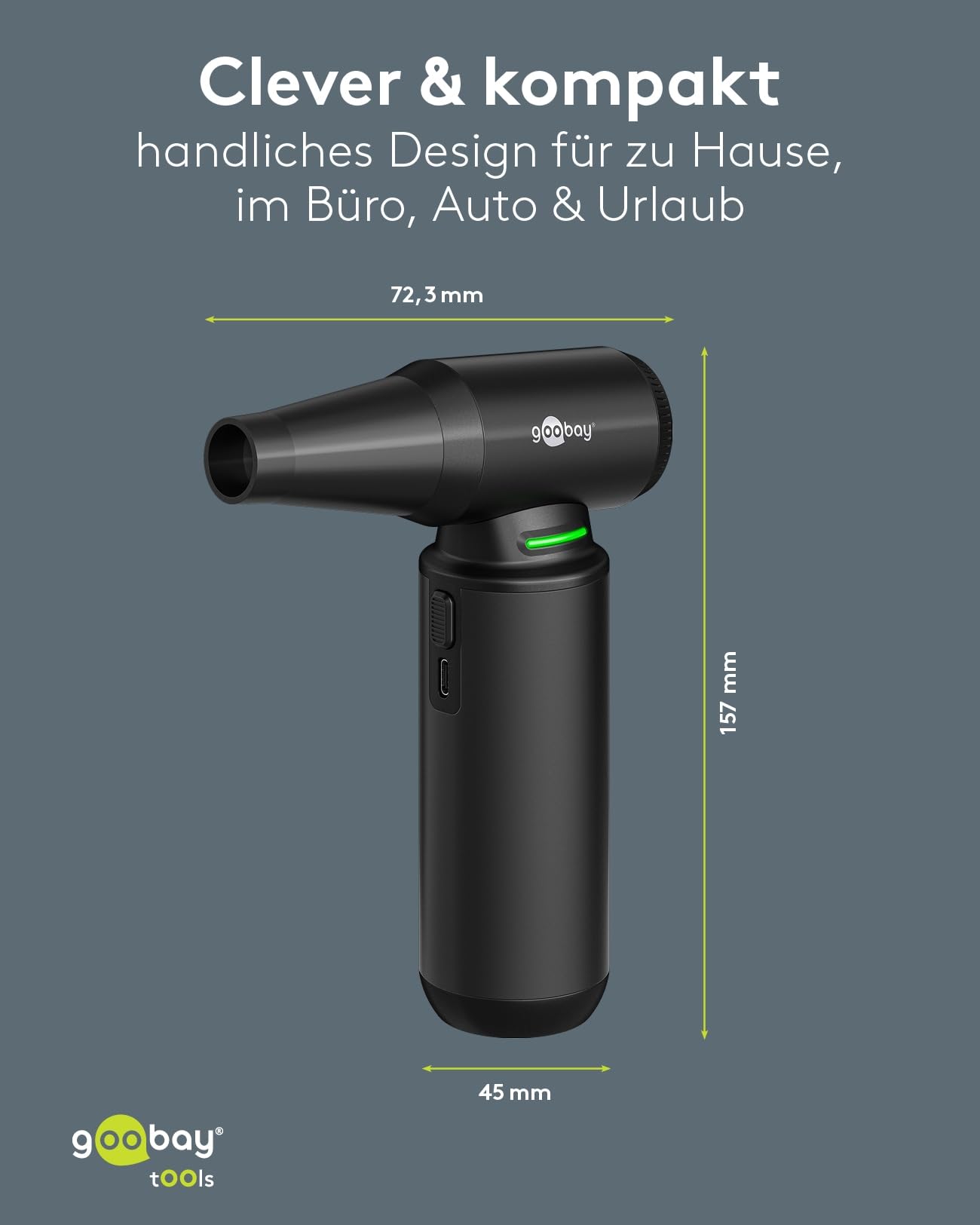 goobay Staubgebläse Superior mit 3 Stufen, 6.000 mAh Akku, 130.000 rpm, bis 110 min Betriebsdauer, inkl. 8 Aufsätze zum Entfernen von Staub auf Tastaturen, im PC, im Sofa, Autointerieur – 77831