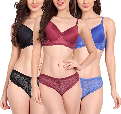 Image of FIMS - Fashion is my style Women Cotton Floral Lace Padded, Non-Wired, Full Coverage, Seamless Bra Panty Set, Multicolor, Lingerie Set