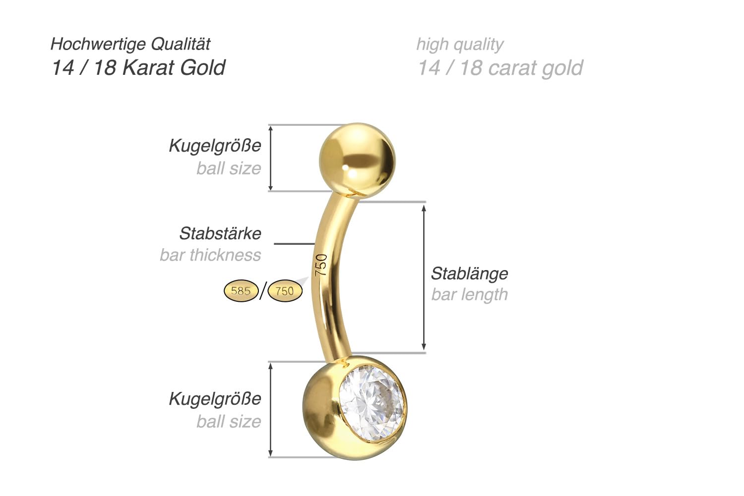 PIERCINGLINE Bauchnabelpiercing 14K Gold Mini Bananabell MOISSANIT 585er Gold - Roségoldfarben, Goldfarben, Silberfarben
