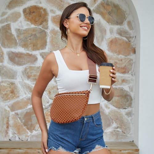 Image of Woven Crossbody Bags For Women, Checkered PU Waist Pack Travel Sling Bag
