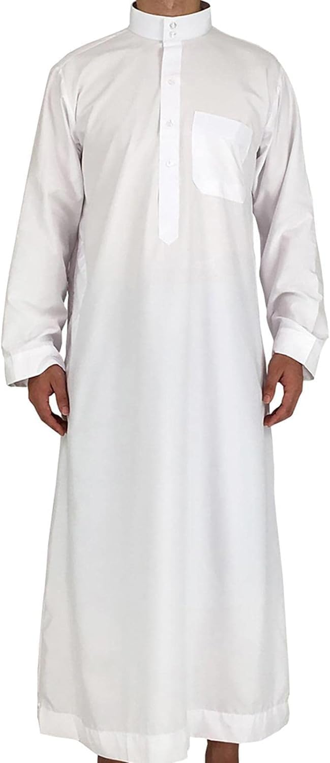 [EVANEM] Men's Arabic Long Sleeve Tobe - Islamic Men's Clothing Kaftan - Maxi Men's Shirt Long Sleeve Abaya Dubai Cotton Crew Stand Collar, 52 (Small)