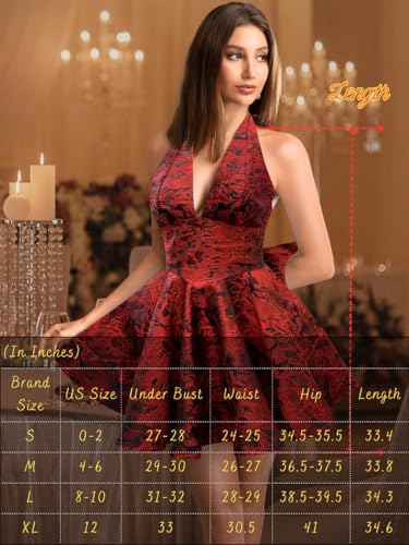 Image of ShawGobow Jacquard Corset Dress,Deep V Halter Mini Dresses with Bow Back,Sexy Birthday Outfits Women Homecoming Prom Formal