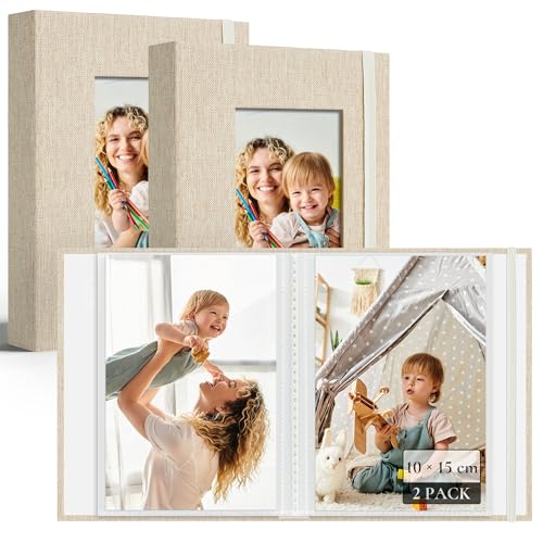 Vienrose Fotoalben Klein 10x15 Fotos 2 Pack Leinen Cover mit Frontfenster Einsteckalbum 26 Seiten mit 52 Fotos für Baby Hochzeit Reize Aufbewahrung von Kunstwerken oder Postkarten Beige