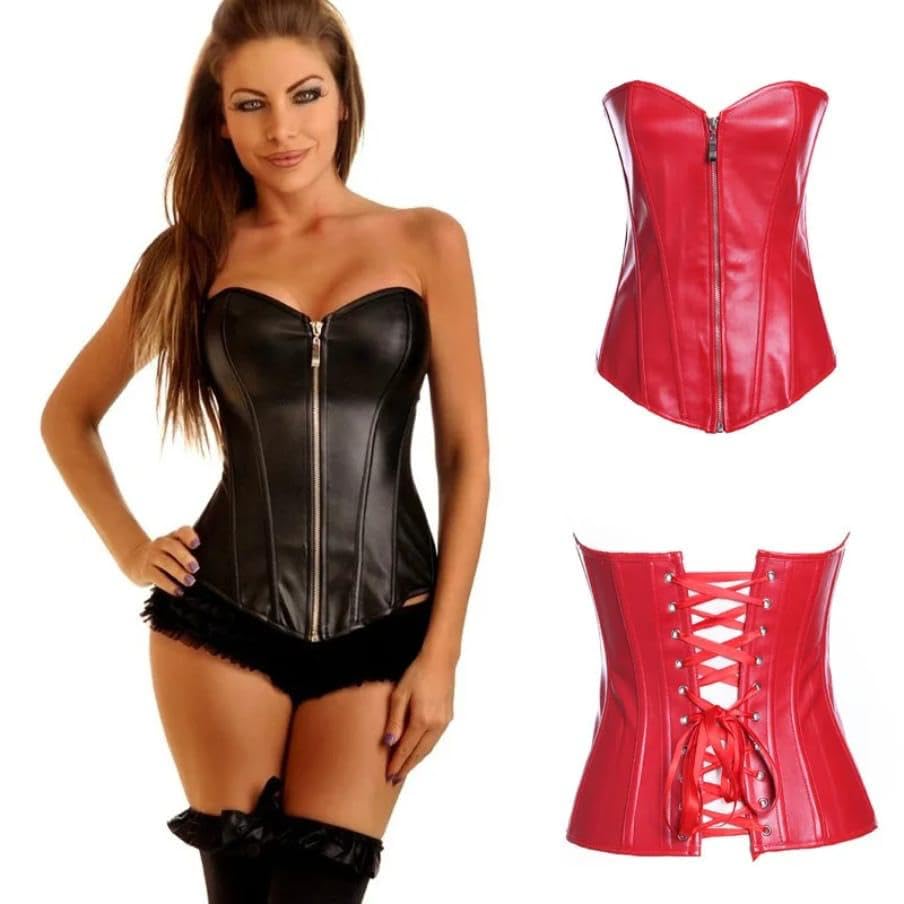 Faux Leather Corset Top, Sweetheart Neckline, Front Zipper Closure, Black Red, Gothic Style