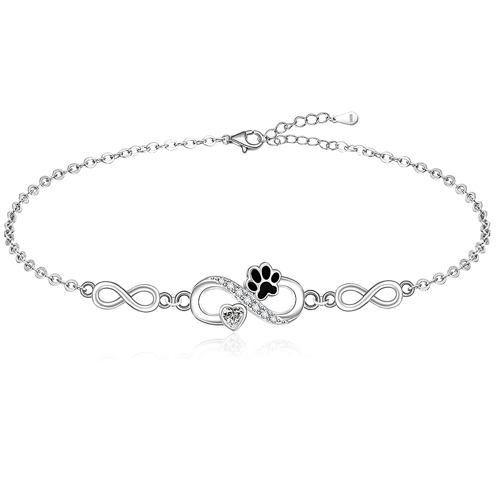 Fenthring Paw Print Anklet S925 Sterling Silver Infinity Heart Puppy Dog Cat Ankle Bracelets for Women Beach Barefoot Paws Hawaiian Boho Cute Adjustable Anklets Mothers Day Gifts
