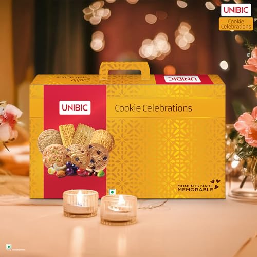 Image of Unibic Celebrations Cookies Gift Pack 700 Grams, Choco Chip, Choco Nut, Scotch Finger, Pista Badam, Honey Oatmeal, Milk Coffee, Nice and Double Chocolate Chip Cookies
