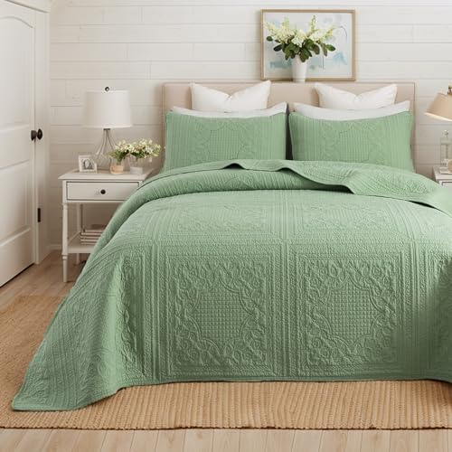 Brandream Twin Size Quilt Set Cotton Sage Green Quilts Cottage Farmhouse Bedding Set Matelasse Coverlet Set 2-Piece