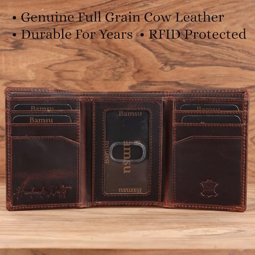 Image of Trifold Wallet for Men, Full Grain Cowhide Leather, RFID Blocking, Gifts for Men (Brown with US Flag)