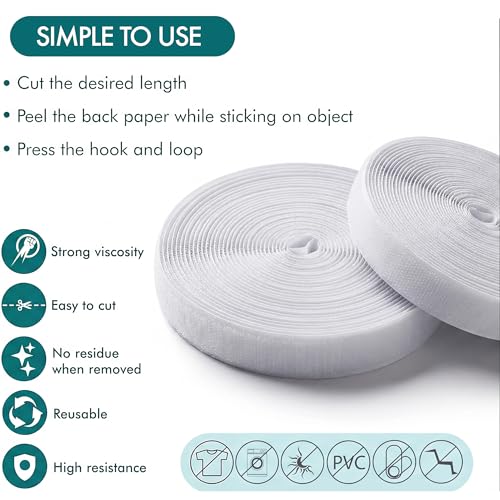 Image of (26ft x 0.75in) White Velcro Strips with Adhesive, Double Rolls of Heavy Duty Self Adhesive Tape with Backing (8ft x 0.75in)