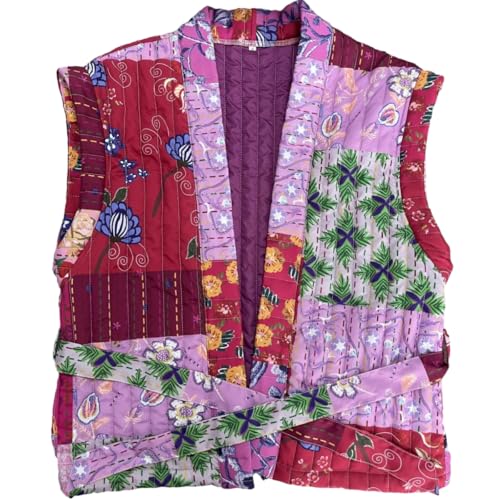 Womens Floral Print Puffer Vest Vintage Sleeveless Quilted Jacket Lightweight Open Front Padded Gilet Cardigan Coat