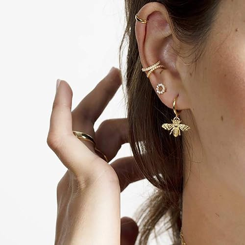 Miniatura 4 de Gold Huggie Hoop Earrings, S925 Sterling Silver Post Dangle Hoop Earrings Hypoallergenic 14K Gold Plated Small Hoop Earrings with Charms Cross Bee