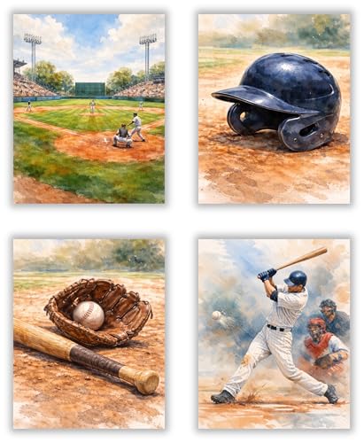 Libemz, Watercolor Baseball Posters – Set of 4, ( 8x10 inches ) Unframed – Baseball Wall Art, Posters for Boys Room Girls Bedroom Kids Room Playroom Nursery, Baseball Gifts for Toodler Teenager Boys Girls Men Guys Kids Room Decor, Birthday Gifts (Baseball)