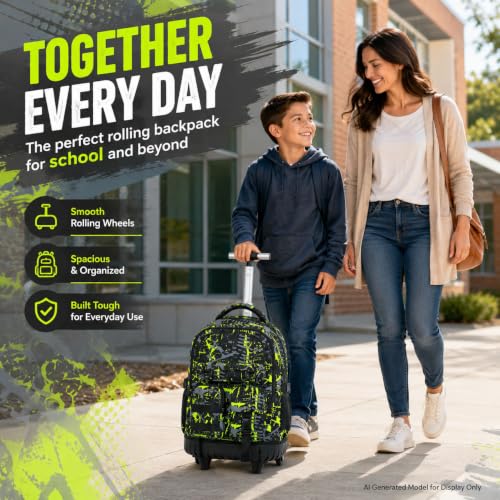 Image of CCJPX 3Pcs Rolling Backpack for Boys, Roller Wheeled School Bookbag, Graffiti Wheels Backpacks with Lunch Box for Kids (Green)
