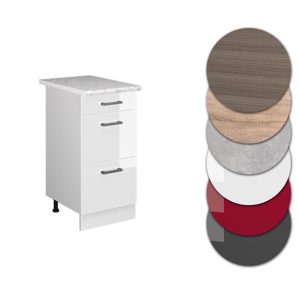 Vicco Mobiletto base per cucina R-Line, Bianco lucido, 40 cm con cassetti PL Marmo, per la libera combinazione all'interno di sistemi cucina modulari