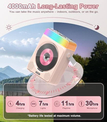 Image of Greadio Portable Bluetooth CD Player with 2 Karaoke Microphones & Lights | 4000mAh Rechargeable, Kids Karaoke Machine for Home, Outdoor, Parties, Simple Controls, Remote, CD /USB /TF /AUX Playback (Pink