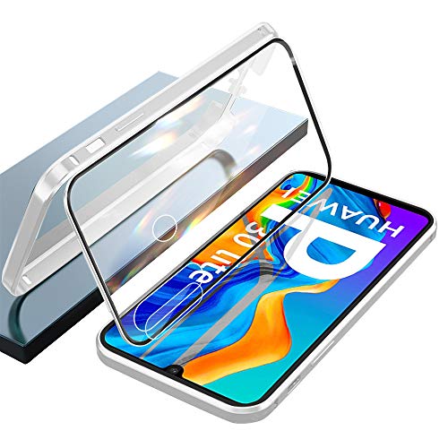 Ellmi Funda para Huawei P30 Lite Cayó Carcasa NO Separado Adsorcion Magnetica Clásico Corte CNC Marco Aluminio Vidrio Templado Cover 360 Protección Metal Imán Case - Plata