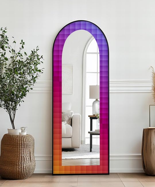 PixelGlow Spectrum - Specchio da pavimento macchiato a tutta lunghezza da 23,5 x 160 cm (larghezza x altezza), specchio da pavimento con cornice nera con cornice dorata