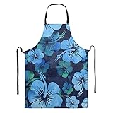 XVBCDFG Schürze zum Malen, Gartenarbeit, Kochen, Backen, Basteln, stilvolles hawaiianisches Blumen-Türkis-Muster, verstellbares Halslätzchen, Küchenchef, Arbeitsschürze für Frauen, wasserdicht