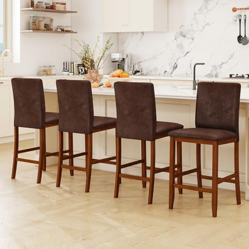 Butacos de barra Giantex, juego de 2 unidades, altura de mostrador, asiento y respaldo acolchados, patas de madera de caucho maciza, reposapiés, para isla de cocina, comedor o pub miniatura 4