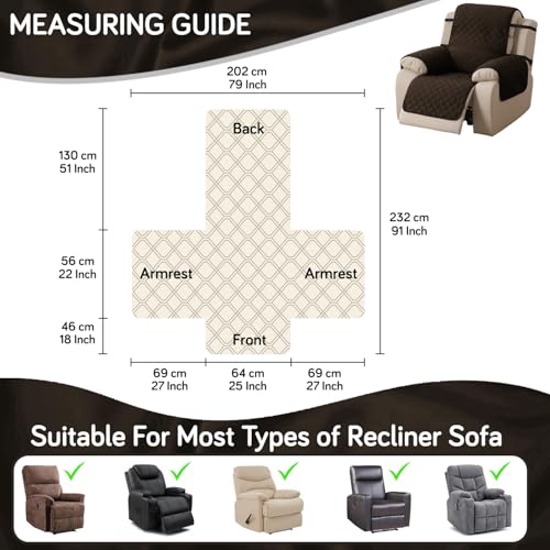 Image of HOKIPO 'UrbanQuilt' Recliner Sofa Cover Mat for 1 Seater | Quilted Polyester 1-Piece Design with SecureFit Dual Belt, Chocolate Brown (AR-6069-M1)