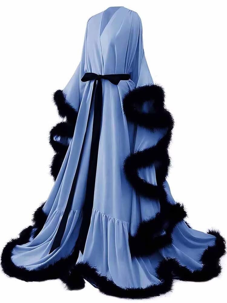 Changuan Feather Bridal Robe Silk Satin Robes Old Hollywood Long Nightgown Lingerie Bathrobe Sleepwear Maternity Photoshoot