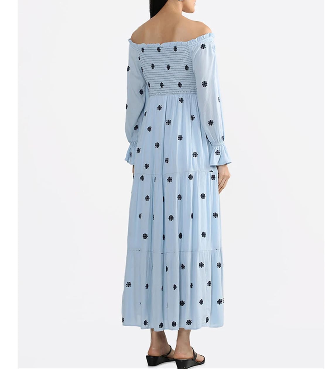 Vestidos bohemios florales para mujer, con estampado floral, manga larga, fruncido, sin espalda, vestido midi
