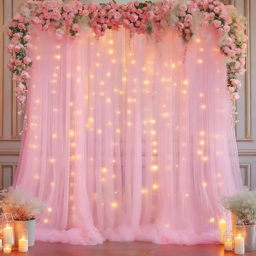 Cortina de Fondo de Tul Rosa 10x10ft con Luces miniatura 1