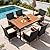 Devoko Dining 7 PCS Furniture, Patio Conversation Set with Acacia Wood Table Top, Rattan Outdoor, Black