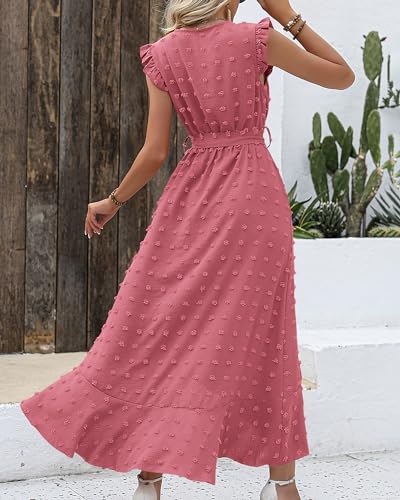 BTFBM Women V Neck Summer Dress 2025 Cap Sleeve Swiss Dot Boho Flowy Ruffle Slit Beach Party Long Maxi Cocktail Dresses - Image 4
