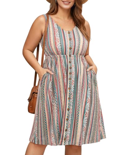 Image of Holipick Women's Plus Size Summer Dresses for Women Casual Dress with Pockets A-Line Swing Button Down Sleeveless V Neck