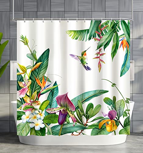 Shower Curtain Hummingbird, Green Shower Curatin Plants Floral with Hooks