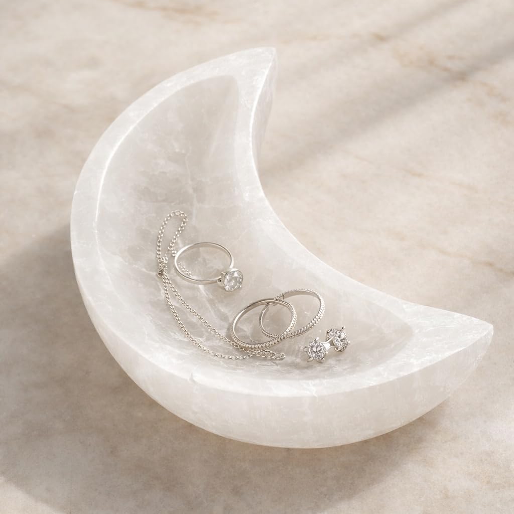 NKlaus Cuenco de selenita con media luna, 10,5 x 4,5 cm, limpieza energética y carga para piedras curativas, joyas y cristales, decoración espiritual y piedra protectora