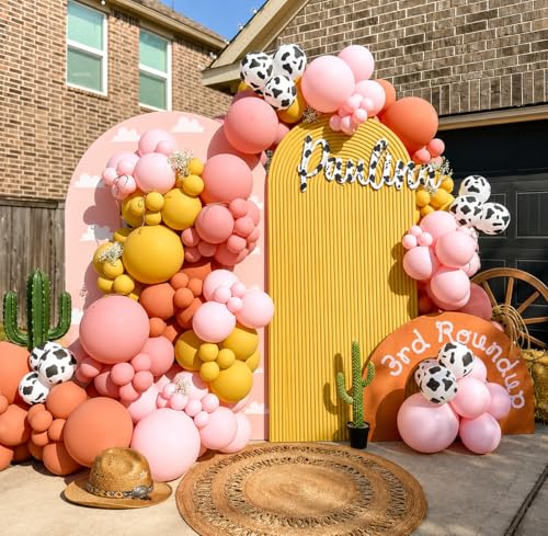 Image of HILAVO Cow Print Balloons, 12 Inch Retro Orange and Pink Yellow Sand White Balloons for Story Theme Farm Country Wild Western Cowgirls Rodeo Baby Shower Birthday Party Decorations