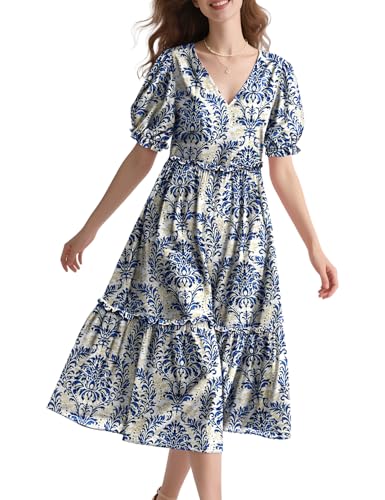 YESNO Summer Floral Midi Dresses for Women V Neck Puff Short Sleeve Frill Trim Dress with Pockets EVX